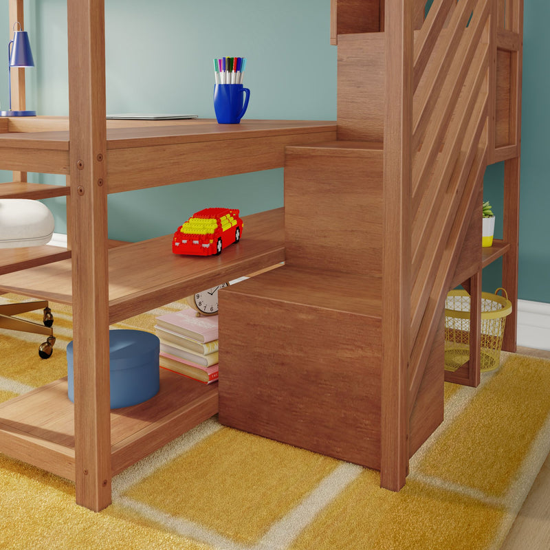 Wooden loft bed with built-in desk and staircase featuring a blue mug of colored pens, laptop and blue desk lamp on shelves, red toy car on a stair shelf and yellow patterned rug in a modern children's bedroom study nook