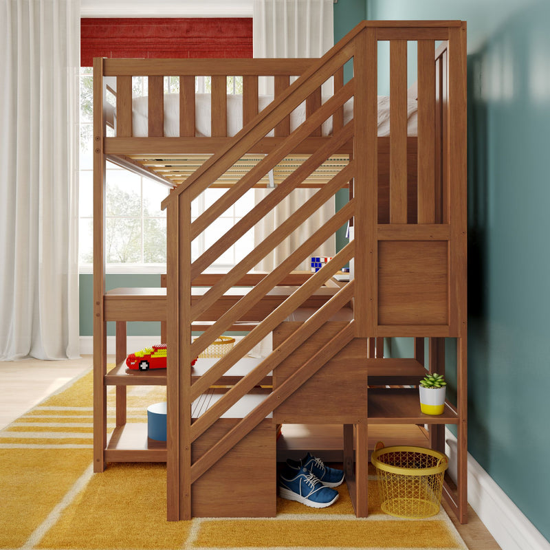 Wooden loft bunk bed with diagonal slat staircase and built-in storage cubbies, yellow rug, toy car, Rubik’s cube, sneakers and succulent in a modern kids' bedroom with teal wall and window