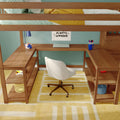 Kids loft bed with built-in wooden desk and study nook, green-striped bedding and yellow blanket, laptop, Rubik's cube, pen cup, white swivel chair and "Always Wonder" poster on teal wall