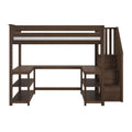 Dark brown wooden loft bed with built-in desk, open shelving and staircase storage — space-saving bedroom furniture