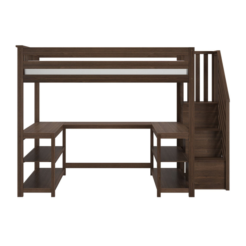 Dark brown wooden loft bed with built-in desk, open shelving and staircase storage — space-saving bedroom furniture