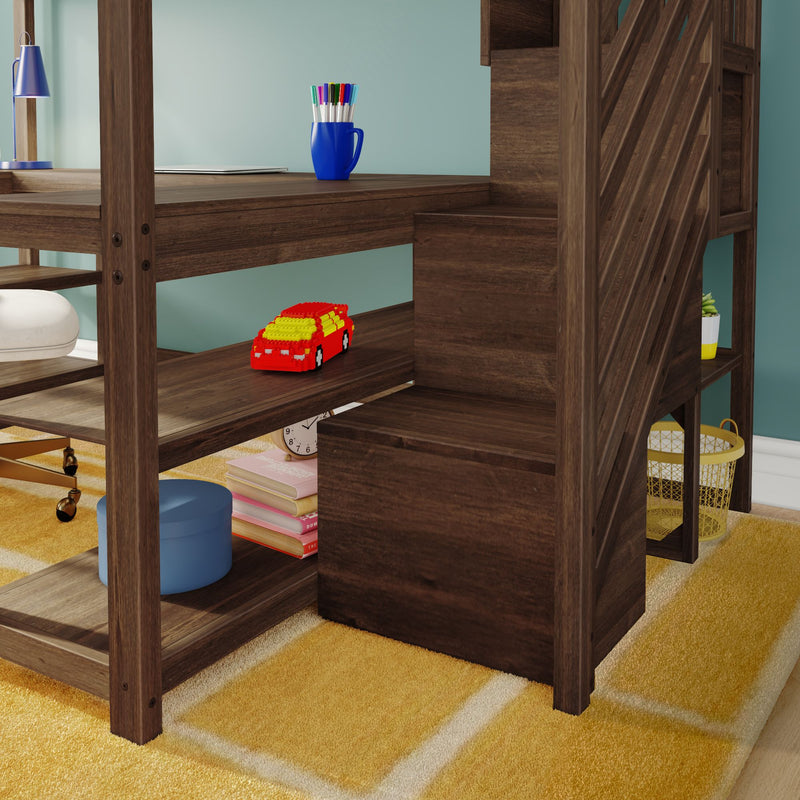 Wooden study desk with built-in shelves and storage, blue mug of colored markers, red toy car, books and lamp on yellow rug in a child's room