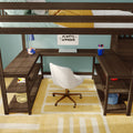 Wooden loft bed with built-in desk study nook, white swivel chair, laptop, blue lamp, marker cup, Rubik's Cube, yellow rug and teal-striped bedding