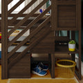 Dark wooden loft bed with diagonal slat railing and built-in storage shelves holding a potted succulent in a yellow-and-white pot, yellow mesh basket, blue sneakers and toys on a yellow rug — modern kids' bedroom storage and organization