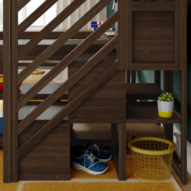 Dark wooden loft bed with diagonal slat railing and built-in storage shelves holding a potted succulent in a yellow-and-white pot, yellow mesh basket, blue sneakers and toys on a yellow rug — modern kids' bedroom storage and organization