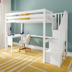 Space-saving white wooden loft bed with built-in staircase, integrated desk and storage in a modern kids bedroom with teal accent wall, yellow geometric rug, desk lamp and rolling chair