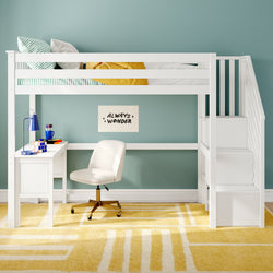 White loft bed with built-in desk and storage stairs in a modern kids' bedroom with teal wall, yellow rug, study chair and "Always Wonder" poster