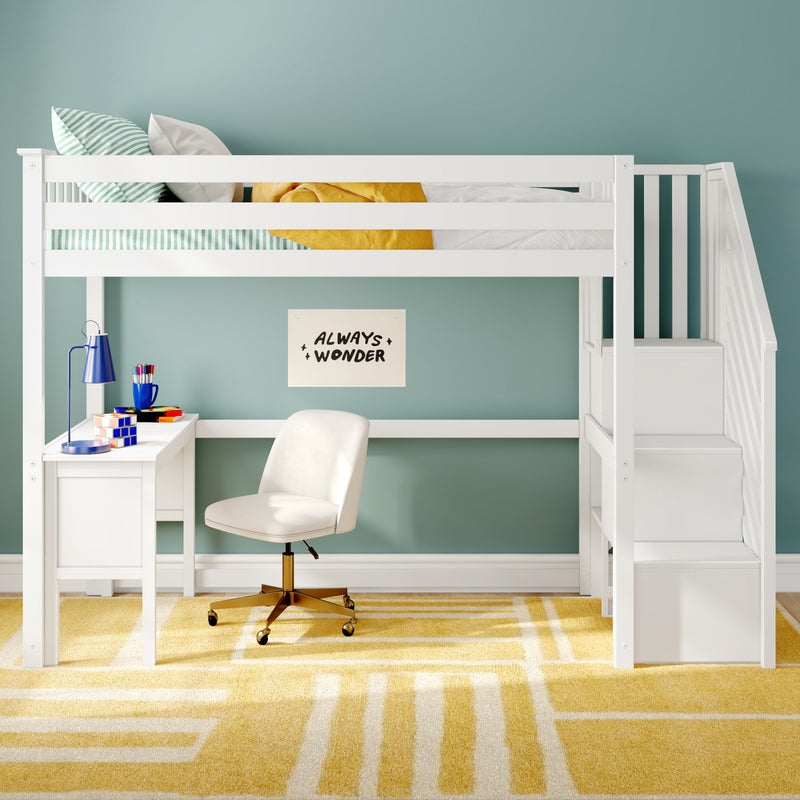 White loft bed with built-in desk and storage stairs in a modern kids' bedroom with teal wall, yellow rug, study chair and "Always Wonder" poster