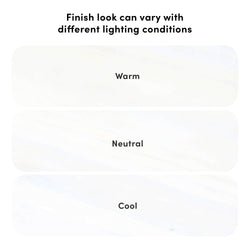 White stone surface finish sample showing how the finish appearance varies under warm, neutral, and cool lighting conditions