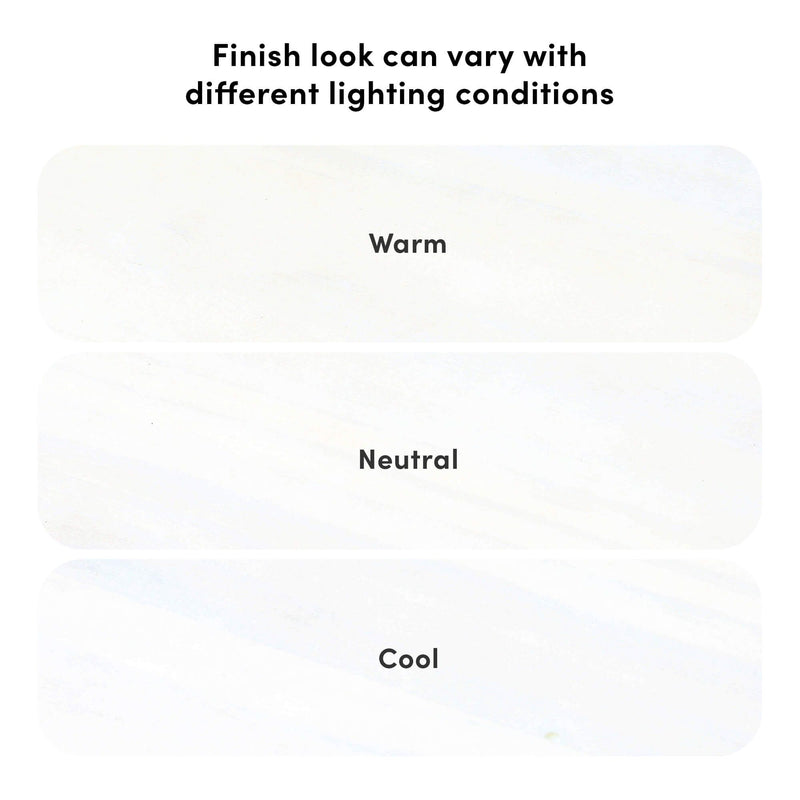 White stone surface finish sample showing how the finish appearance varies under warm, neutral, and cool lighting conditions