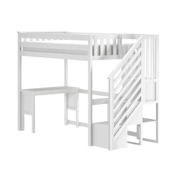White wooden loft bed with built-in desk and staircase storage, space-saving kids' bedroom furniture