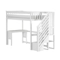 White wooden loft bed with side staircase, twin mattress platform, built-in desk and storage, space-saving kids bedroom furniture