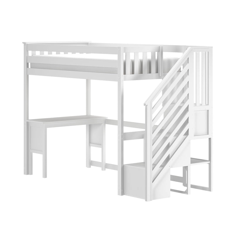 White wooden loft bed with side staircase, twin mattress platform, built-in desk and storage, space-saving kids bedroom furniture