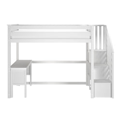 Modern white wooden loft bed with side staircase, integrated desk and under-bed storage drawers — space-saving kids' bedroom furniture