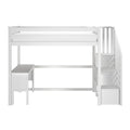 White wooden loft bed with built-in stairs, storage drawers and desk, twin mattress platform, modern space-saving kids bedroom furniture