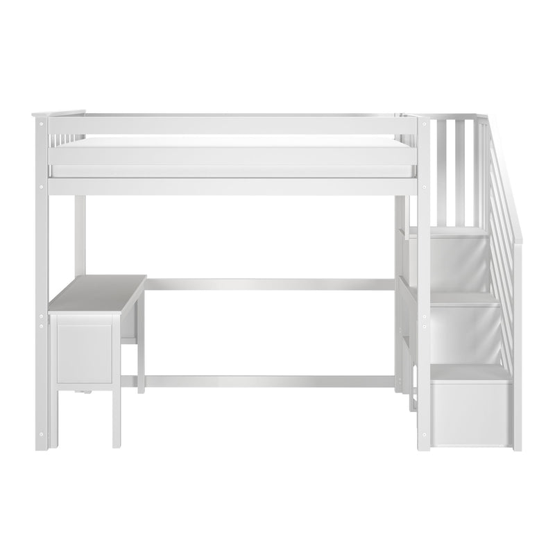 White wooden loft bed with built-in stairs, storage drawers and desk, twin mattress platform, modern space-saving kids bedroom furniture