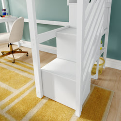 White wooden loft bed with built-in storage stairs and side shelves in a kids' bedroom featuring a teal accent wall, white study desk and chair, and yellow geometric area rug