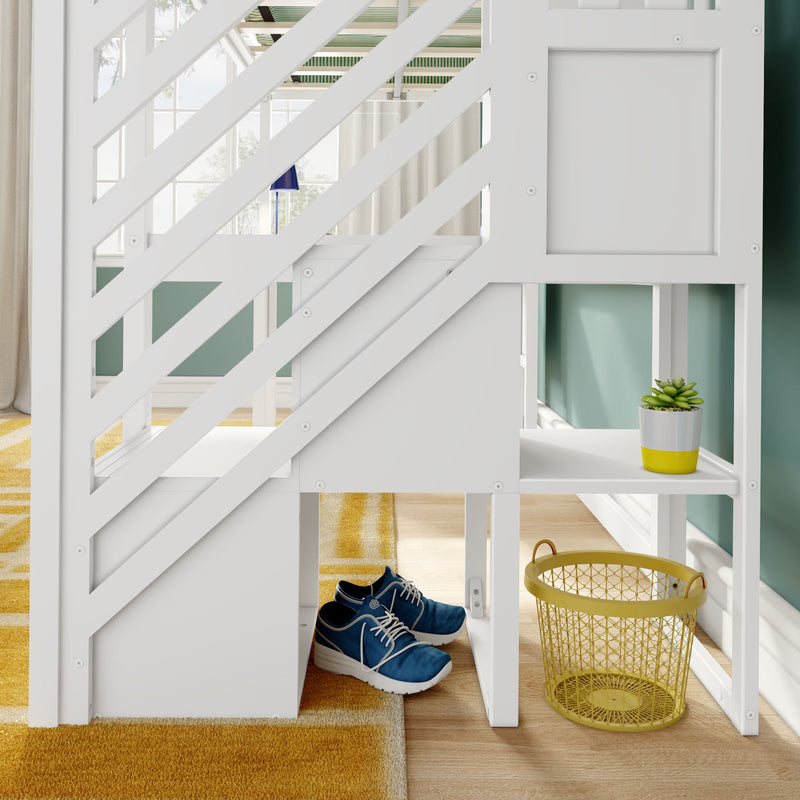 White wooden loft bed with diagonal slats in modern kids bedroom, storage shelves with yellow potted succulent, blue sneakers tucked underneath, yellow wire laundry basket on hardwood floor and mustard area rug