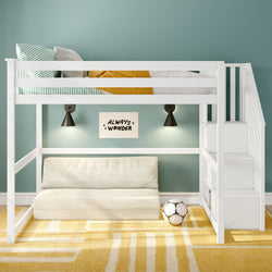 Modern white kids loft bed with staircase storage and lower sofa in teal-walled bedroom, yellow geometric rug, wall sconces and soccer ball