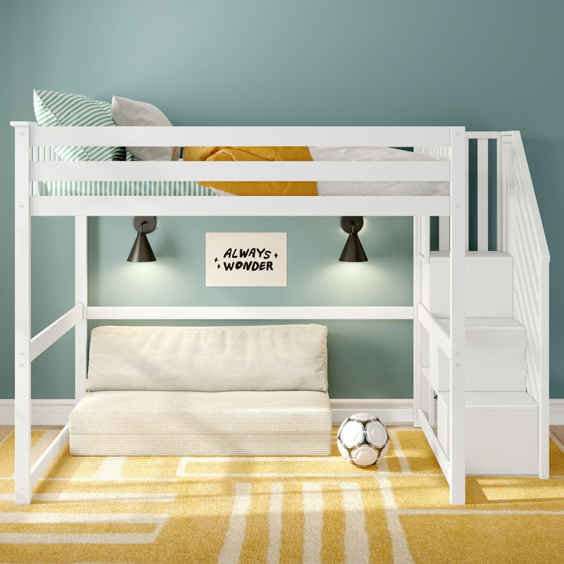 Modern white kids loft bed with staircase storage and lower sofa in teal-walled bedroom, yellow geometric rug, wall sconces and soccer ball