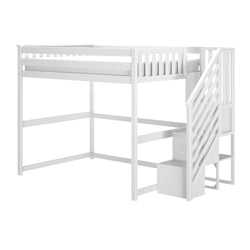 White wooden twin loft bed with built-in staircase and storage drawers, space-saving kids' bedroom furniture