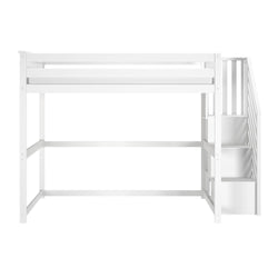 Modern white wooden twin loft bed with built-in staircase and under-bed storage drawers — space-saving kids' bedroom loft bed