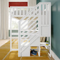 White wooden loft bed with built-in diagonal staircase and under-bed storage in a modern kids' bedroom with teal walls, yellow area rug, large window, blue sneakers and small potted plant