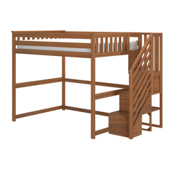 Solid wood twin loft bed with built-in storage stairs and safety rails, space-saving bedroom furniture in warm brown finish
