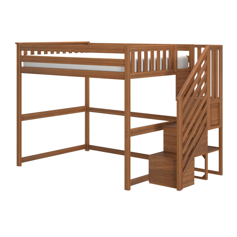 Brown solid wood loft bed with built-in staircase and storage drawers, space-saving kids' bedroom furniture