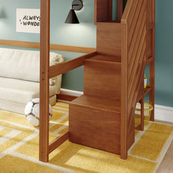 Kids' wooden loft bed with built-in staircase storage, beige sofa underneath, yellow geometric rug, teal accent wall, black wall sconce and soccer ball