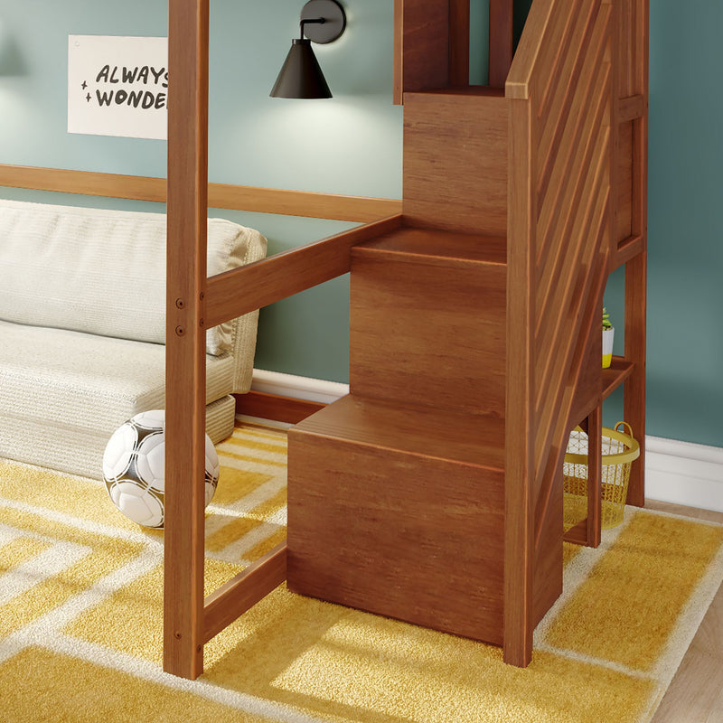 Kids' wooden loft bed with built-in staircase storage, beige sofa underneath, yellow geometric rug, teal accent wall, black wall sconce and soccer ball
