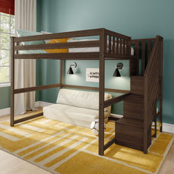 Dark wood loft bed with stairs over white sofa, teal painted walls, yellow geometric rug, wall reading lamps and soccer ball in kids' bedroom