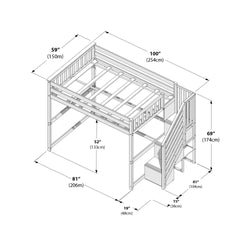 Wooden twin loft bed with built-in staircase and storage drawers, technical drawing showing dimensions 100 in x 59 in x 69 in and 52 in under-bed clearance