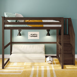 Dark wood kids loft bed with stairs over a white sofa in a teal bedroom, yellow bedding and geometric rug, striped pillow and soccer ball