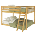 Natural light wood bunk bed with ladder and guardrails, two-tier space-saving kids bed with green comforter and patterned sheets ideal for children's bedroom furniture