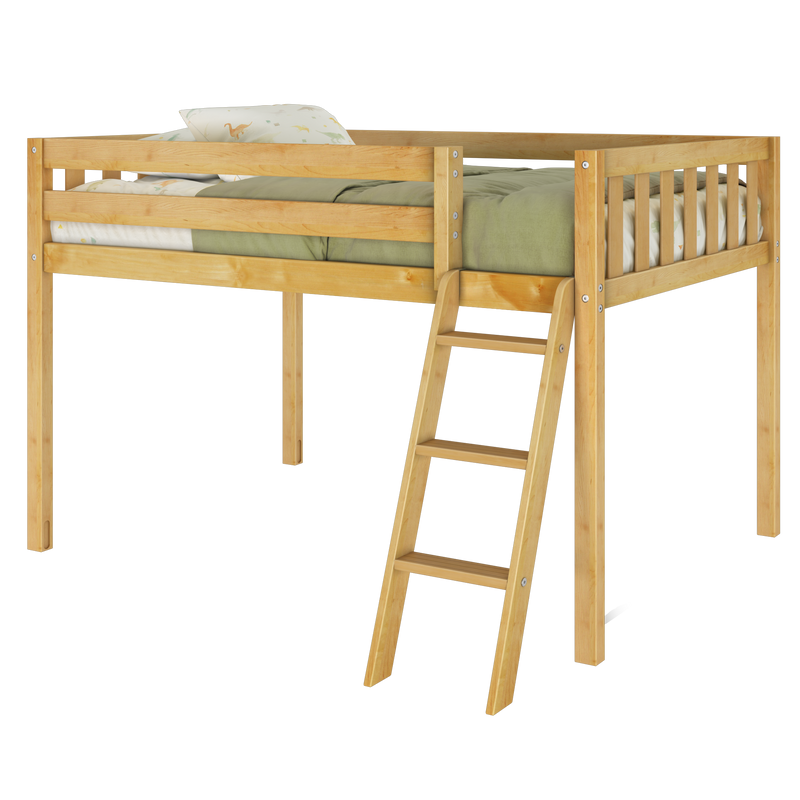 Wooden loft bed with green bedding and attached wooden ladder for kids' bedroom.