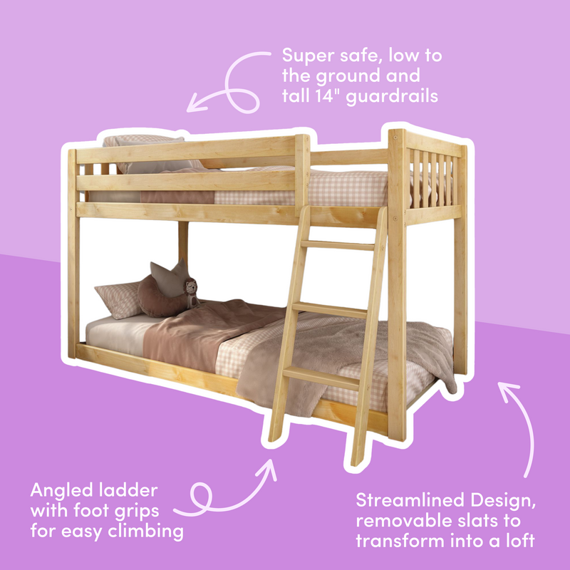 Natural solid pine twin-over-twin low bunk bed for kids with 14-inch guardrails, angled ladder with foot grips, removable slats convert to loft