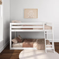 White wooden twin-over-twin bunk bed with ladder in minimalist kids' bedroom, pink and beige gingham bedding, round rug and daisy wall art