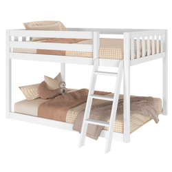 White wooden bunk bed with beige checkered bedding and a ladder, ideal for kids' bedrooms.