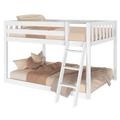 White wooden bunk bed with angled ladder, beige plaid and tan bedding with plush toy, space-saving kids bedroom furniture