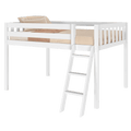 White wooden loft bed with angled ladder and beige gingham bedding, elevated twin bed frame for kids' bedroom and space-saving storage or study area