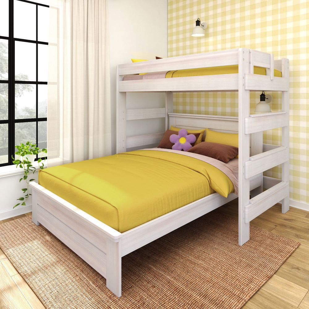 Yellow-themed bedroom with white bunk bed, floral pillow, and natural light from large window.