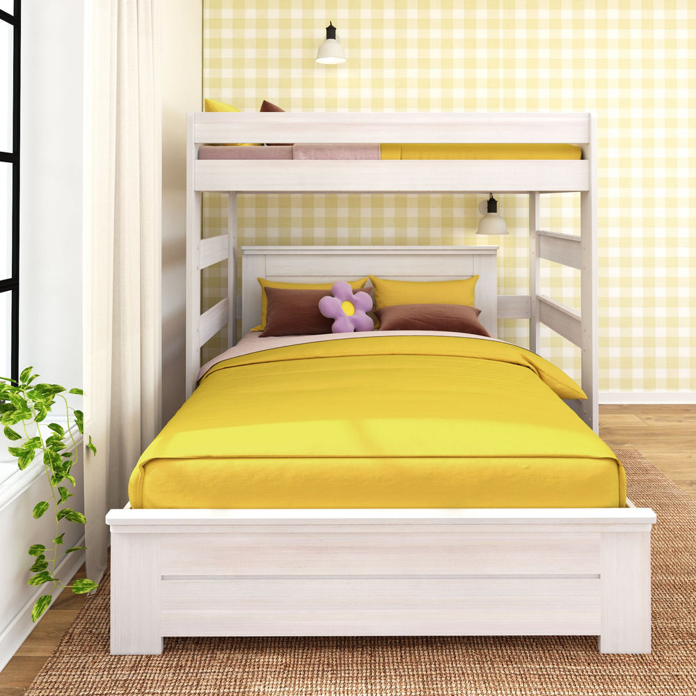 Modern white bunk bed with bright yellow bedding in cozy, well-lit bedroom.