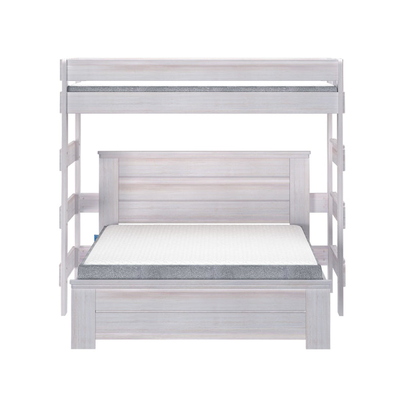 White wood twin over full bunk bed with ladder and mattresses.