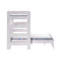 Whitewashed wooden twin-over-full bunk bed with slatted guardrails, farmhouse-style frame and gray mattress
