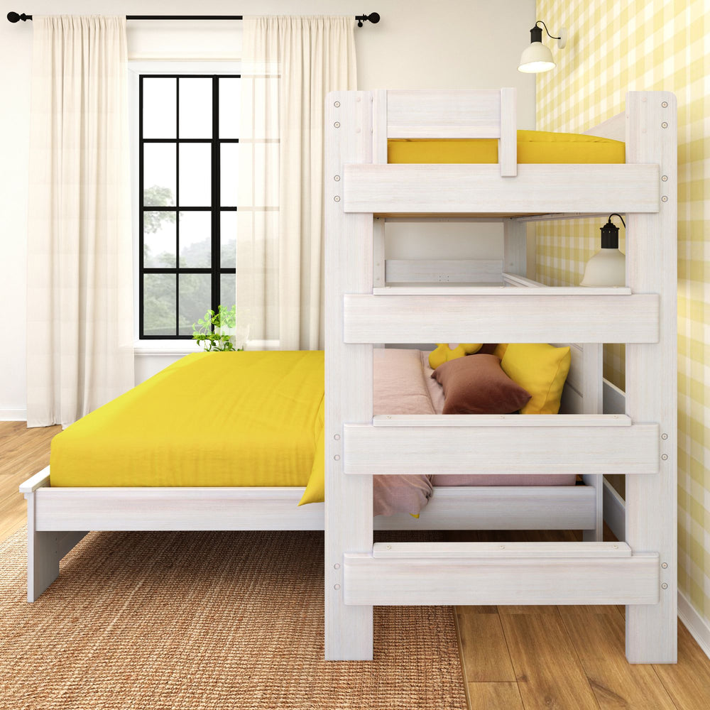 Modern bedroom with white bunk bed, yellow bedding, and checkered wallpaper.