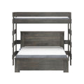 Gray wood twin bunk bed with top guardrail and side ladder, modern farmhouse-style platform bunks with mattress