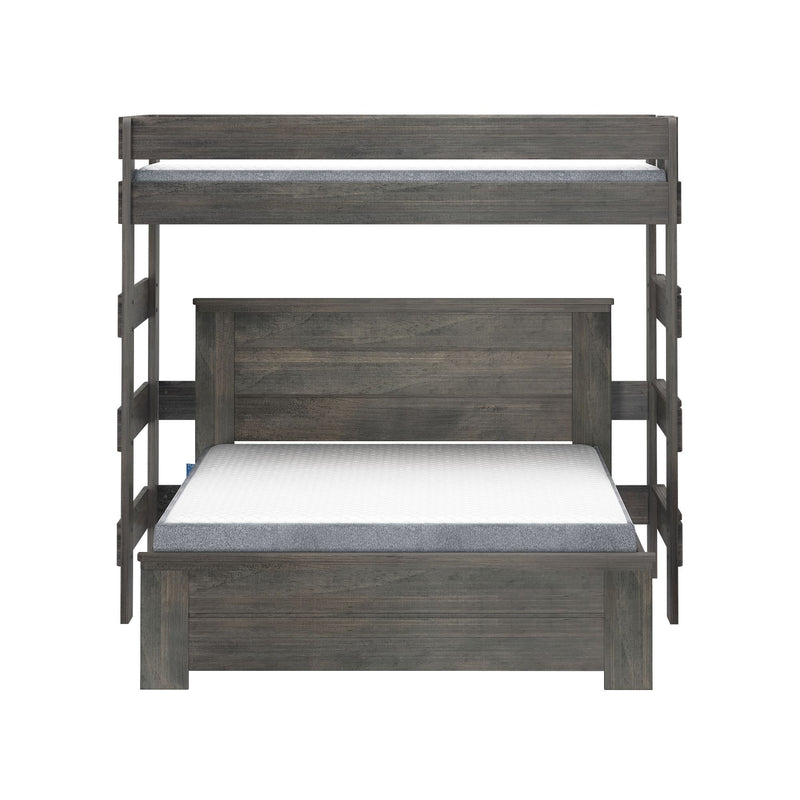 Gray wood twin bunk bed with top guardrail and side ladder, modern farmhouse-style platform bunks with mattress