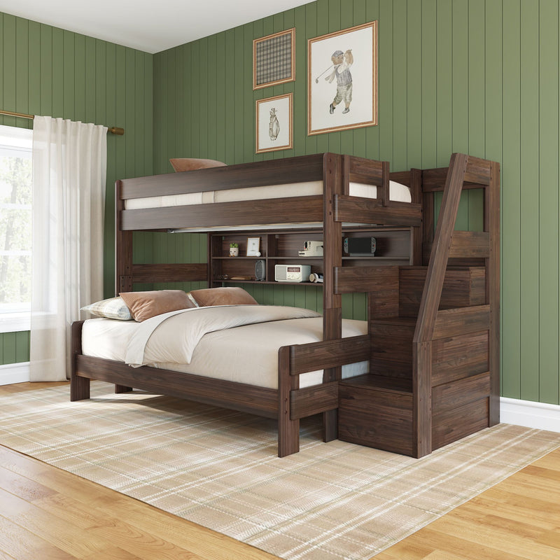 Modern Farmhouse Twin Over Full Bunk Bed With Stairs & Bookcase