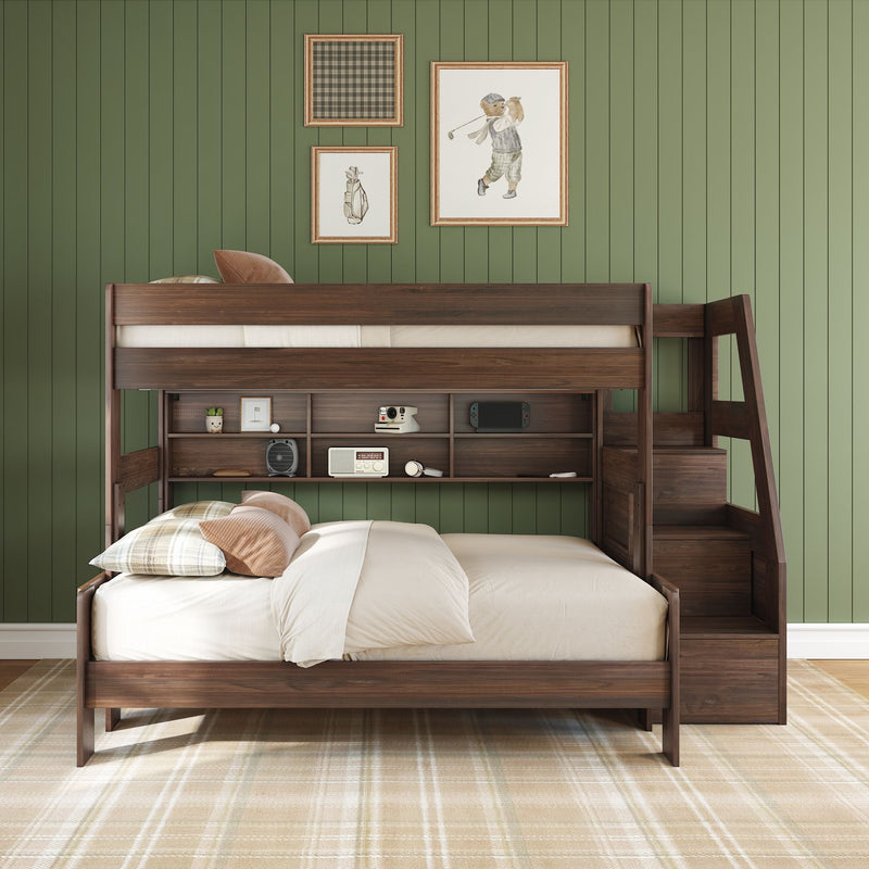 Modern Farmhouse Twin Over Full Bunk Bed With Stairs & Bookcase